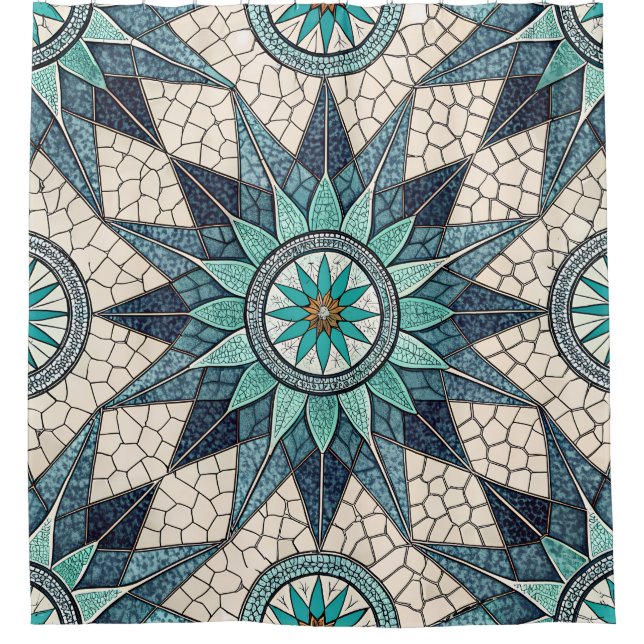 Indigo Teal Compass Mosaic – Stained Glass (Front)