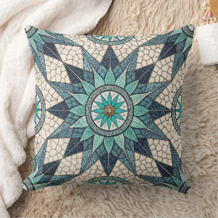 Indigo Teal Compass Mosaic – Stained Glass Throw Pillow