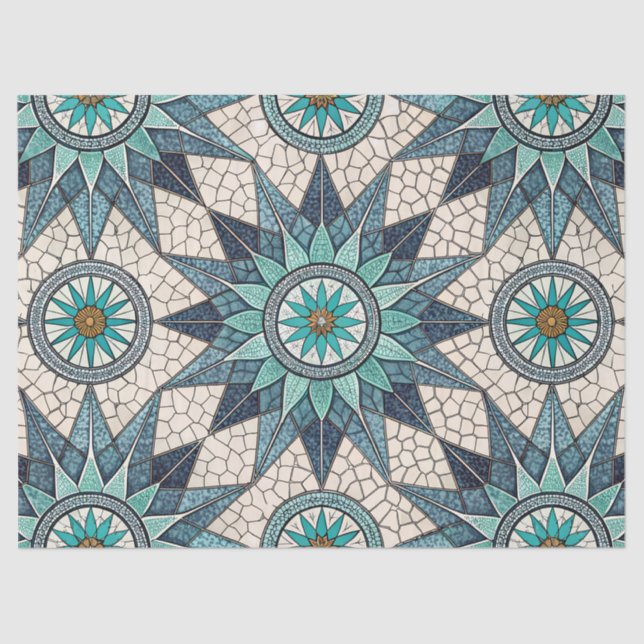 Indigo Teal Compass Mosaic – Stained Glass Tissue Paper (Front)