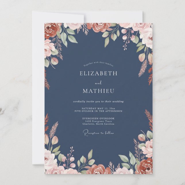 Indigo Terracotta Wreath Wedding Invitation (Front)