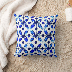 Indigo Tiles Abstract Floral Pattern Throw Pillow