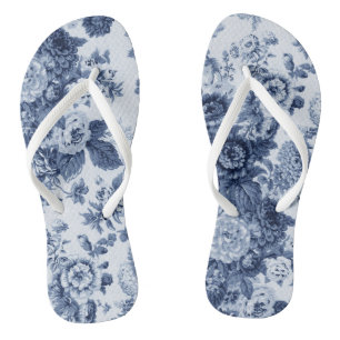 Indigo Tone Black & White Vintage Floral Toile Flip Flops
