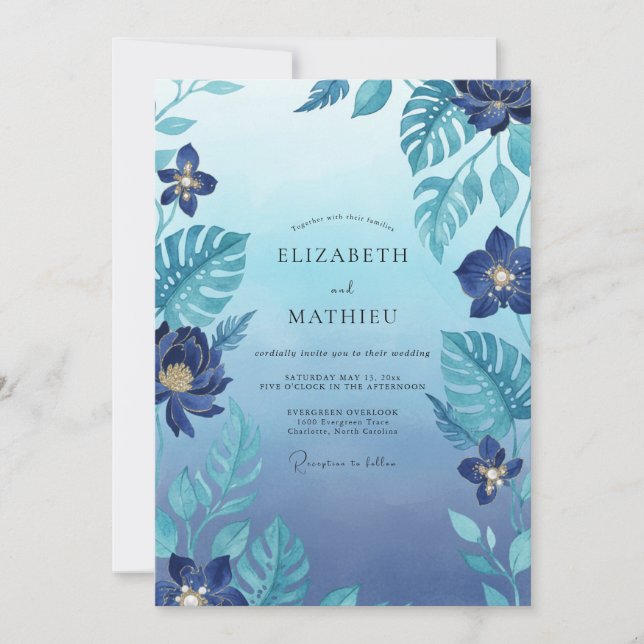 Indigo Tropical Monstera Eucalyptus Wedding Invitation (Front)