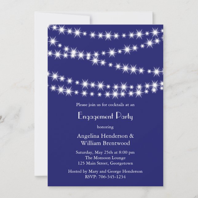 Indigo Twinkle Lights Engagement Invitation (Front)