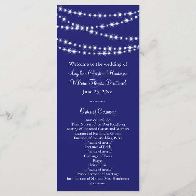 Indigo Twinkle Lights Wedding Programme (Devant)