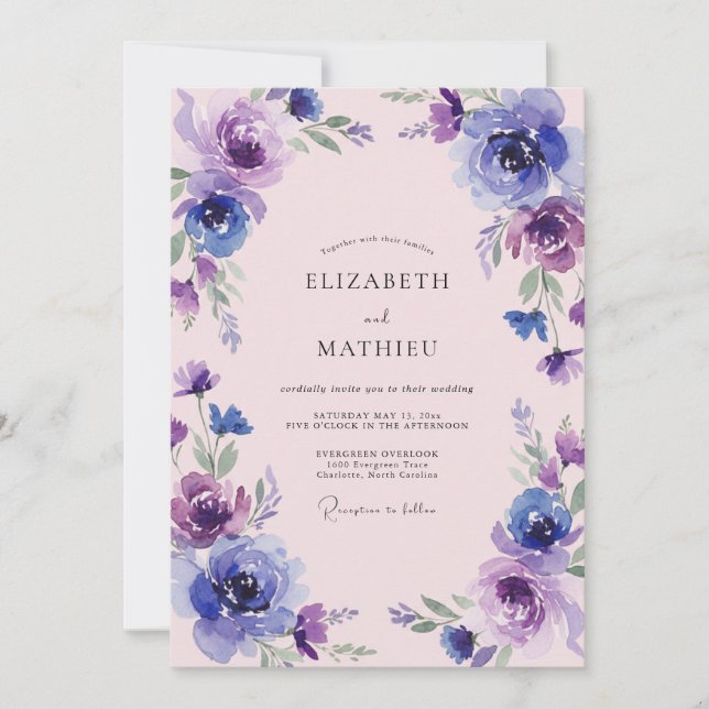 Indigo Violet Blossom Wedding Invitation (Front)