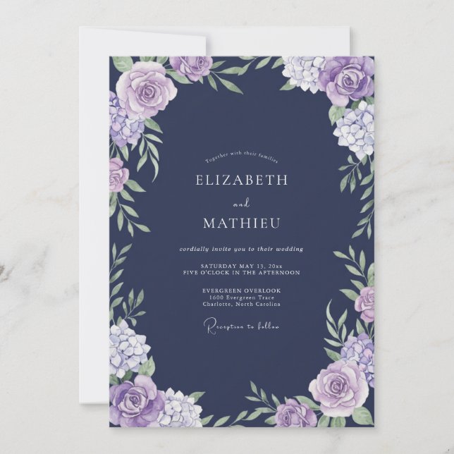 Indigo Violet Foliage Eucalyptus Wedding Invitation (Front)