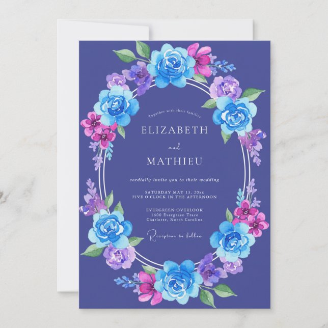 Indigo Violet Peony Wedding Invitation (Front)