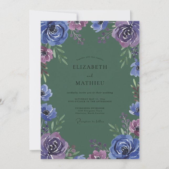 Indigo Violet Ranunculus Eucalyptus Wedding Invitation (Front)