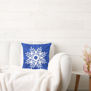 Indigo Watercolor Abstract Snowflake Throw Pillow