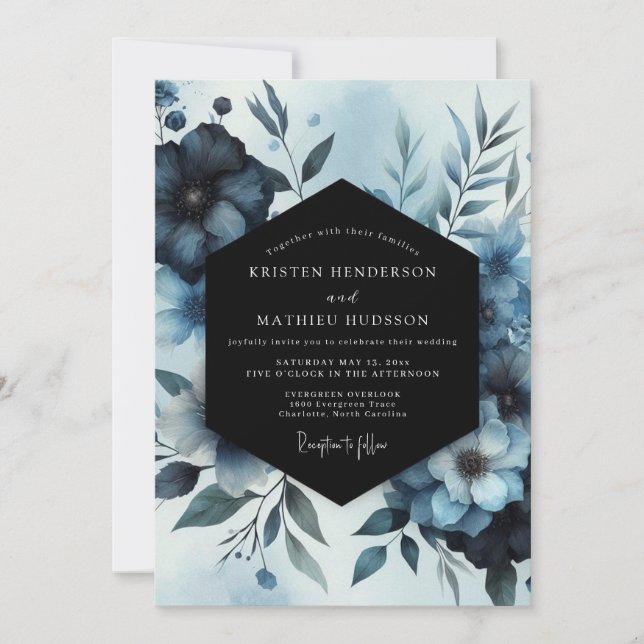 Indigo Watercolor Bloom Wedding Invitation (Front)