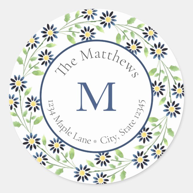 Indigo Watercolor Daisies Feuilles étiquettes (Devant)