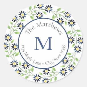 Indigo Watercolor Daisies Leaves labels