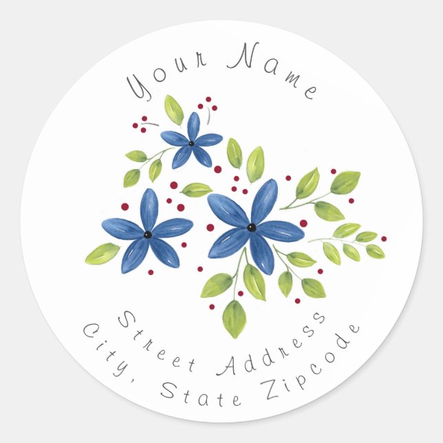 'Indigo Watercolor Floral Bouquet' Label (Front)