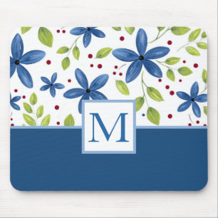 Indigo Watercolor Floral Bouquet Pattern Mouse Pad