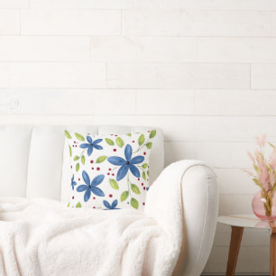 Indigo Watercolor Floral Bouquet Pattern Throw Pillow