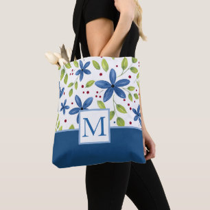 Indigo Watercolor Floral Bouquet Pattern Tote Bag