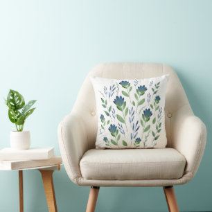 Indigo Watercolor Floral Motif Throw Pillow