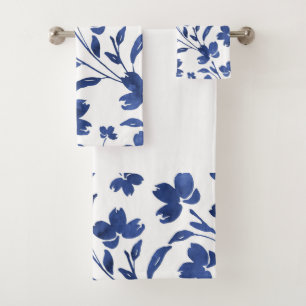 Indigo Watercolor Flower Stems  Bath Towel Set