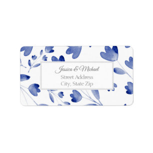 Indigo Watercolor Flower Stems Pattern Label