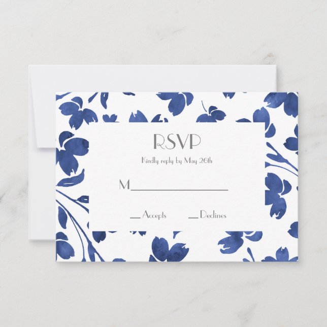 Indigo Watercolor Flower Stems RSVP Card (Front)