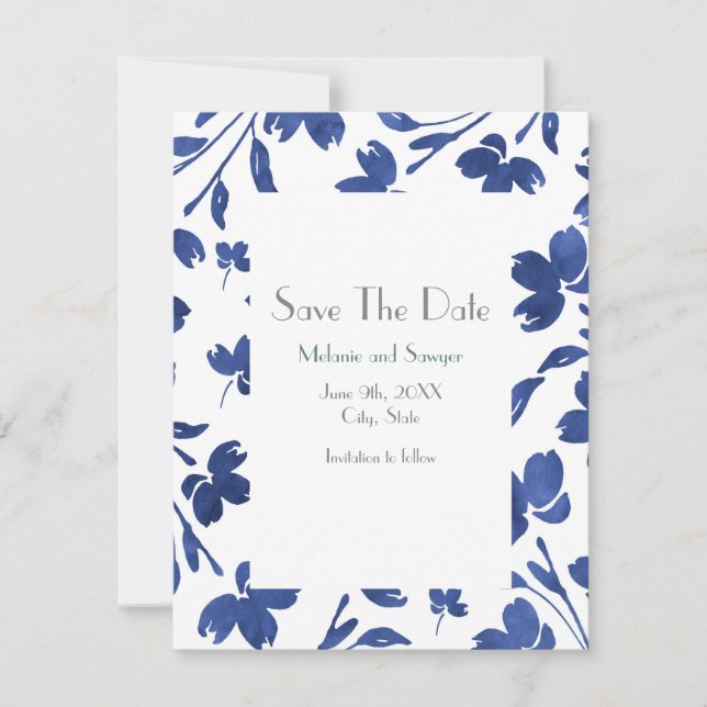 Indigo Watercolor Flower Stems  Save The Date (Front)