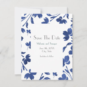 Indigo Watercolor Flower Stems Save The Date