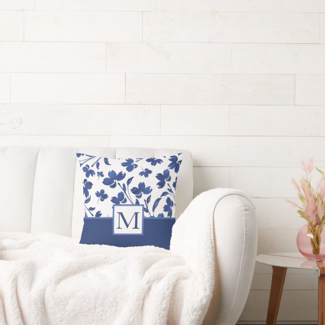 Indigo Watercolor Flower Stems Throw Pillow (Couch)