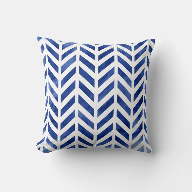 Indigo Watercolor Herringbone Chevron Throw Pillow (Front)