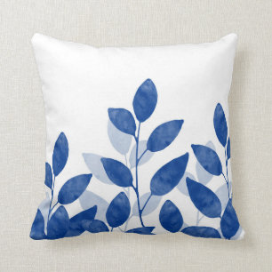 Indigo Watercolor Leaves Throw Pillow