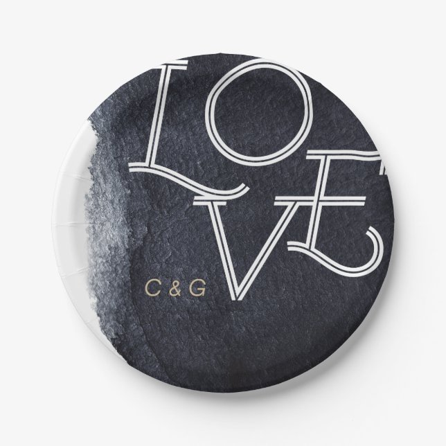 Indigo watercolor modern simple love wedding paper plate (Front)