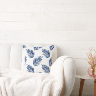 Indigo Watercolor Palm Fronds Pattern Throw Pillow