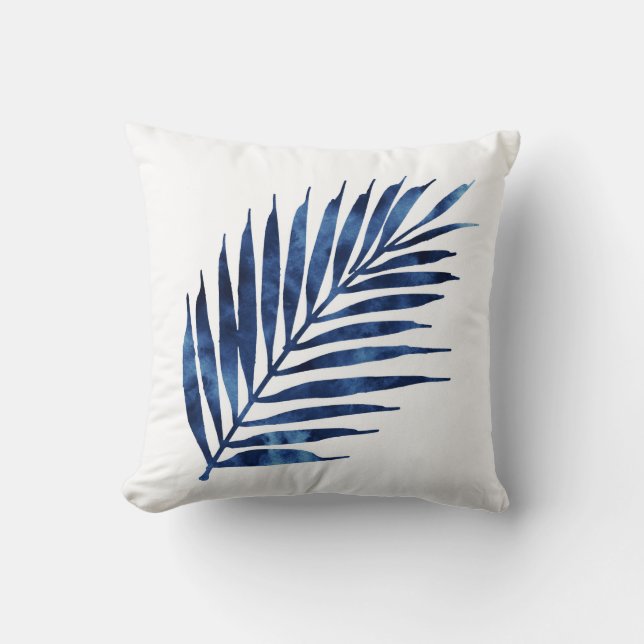 Indigo Watercolor Palm Fronds Throw Pillow (Front)