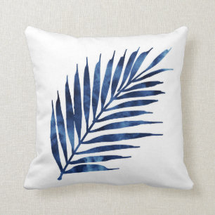 Indigo Watercolor Palm Fronds Throw Pillow