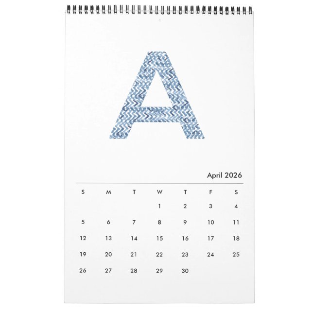Indigo Watercolor Pattern Minimalist 2019 Calendar (Apr 2026)