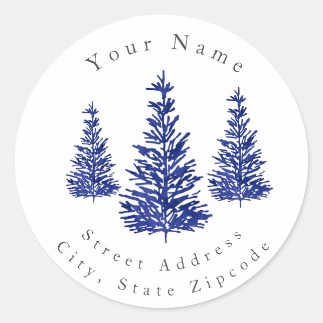 Indigo Watercolor Pine Trees Labels (Front)