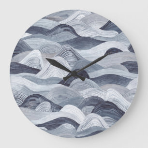 Indigo Watercolor Wave Seamless Large Clock
