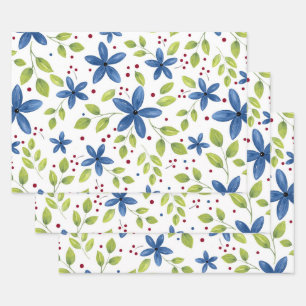 Indigo Waterolor Floral Bouquet Pattern Wrapping Paper Sheet