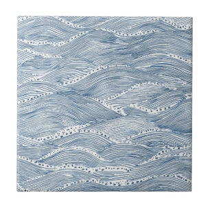 Indigo Wave Line Art Tile