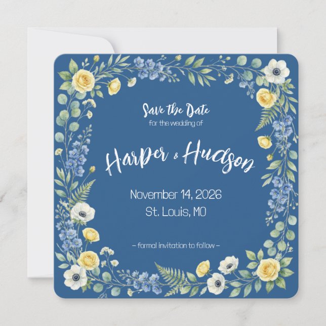 Indigo & Yellow Bloom Save the Date (Front)