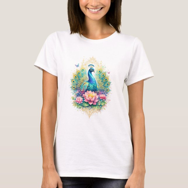 Indischer Frühling - Pfau mit Lotus & Gold T-Shirt (Front)