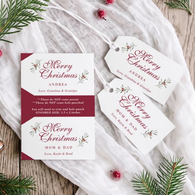 Individual Personalized Merry Christmas Gift Tags (Red and white Christmas gift tags with elegant script, watercolor greenery and recipient names.)