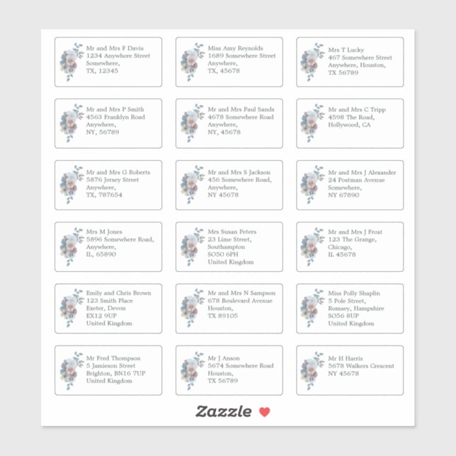 Individual Wedding Guest Name Address Blue Florals (Sheet)