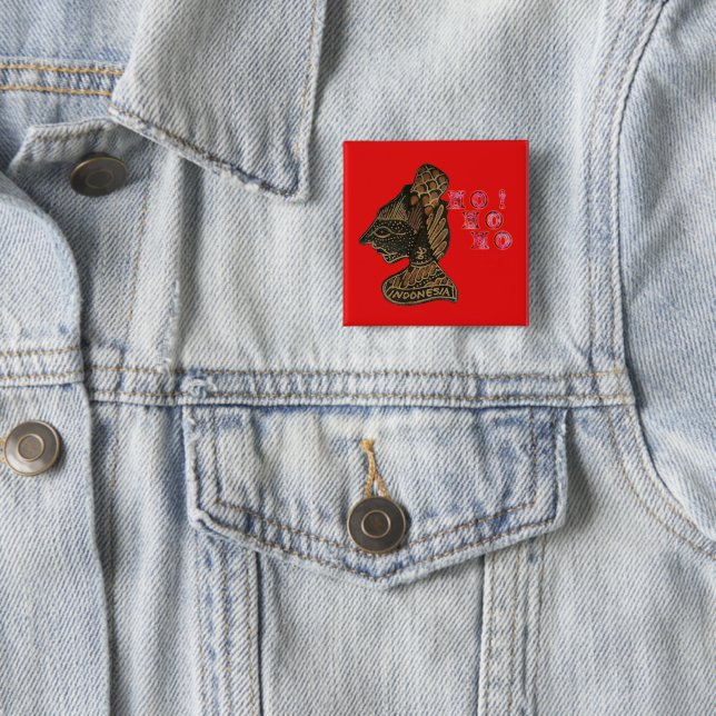 Indonesi Shadow Puppet Hohoho Design on Red canvas 2 Inch Square Button (In Situ)