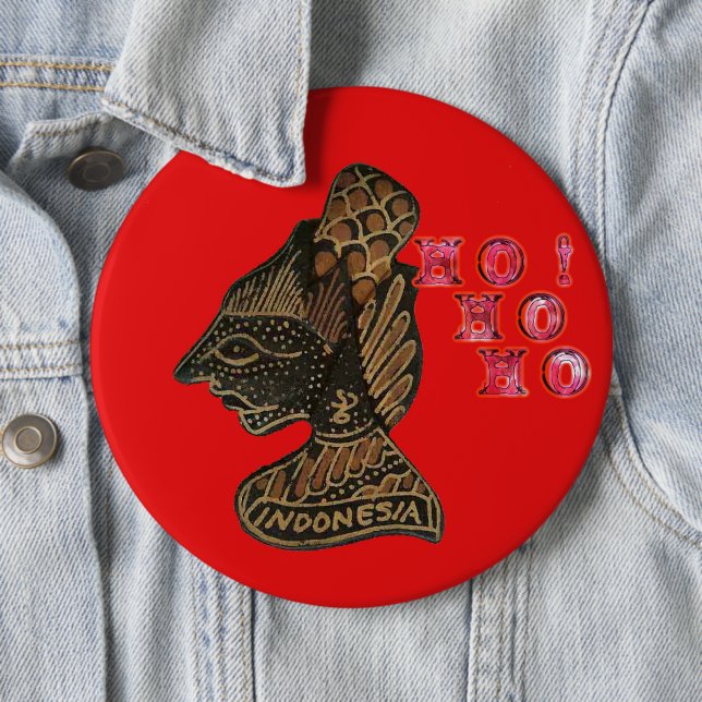 Indonesi Shadow Puppet Hohoho Design on Red canvas 6 Inch Round Button (In Situ)