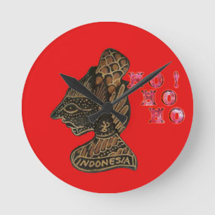 Indonesi Shadow Puppet Hohoho Design on Red canvas Round Clock