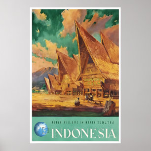 Indonesia Art Sumatra Travel Poster Batak Village