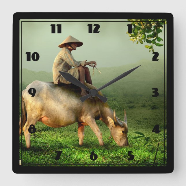 Indonesia Scenic landscape with Buffalo and Farmer Square Wall Clock (Front)