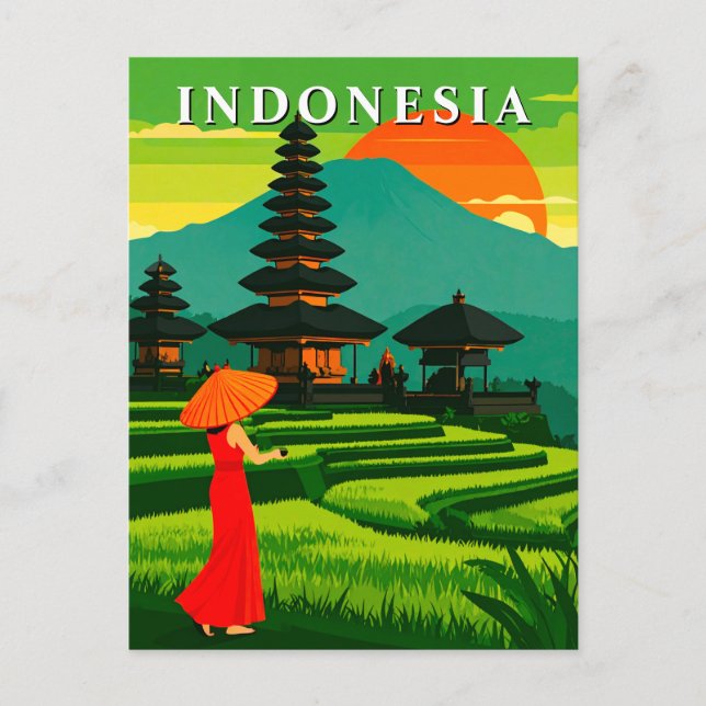 Indonesia Sunset Temple and Rice Terraces Postcard (Front)