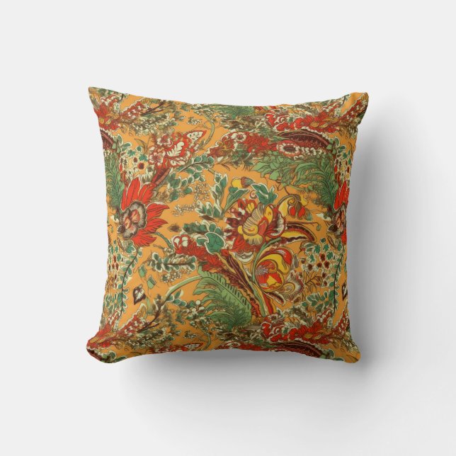 Indonesian Batik Balinese Style Yellow Orange Throw Pillow (Front)